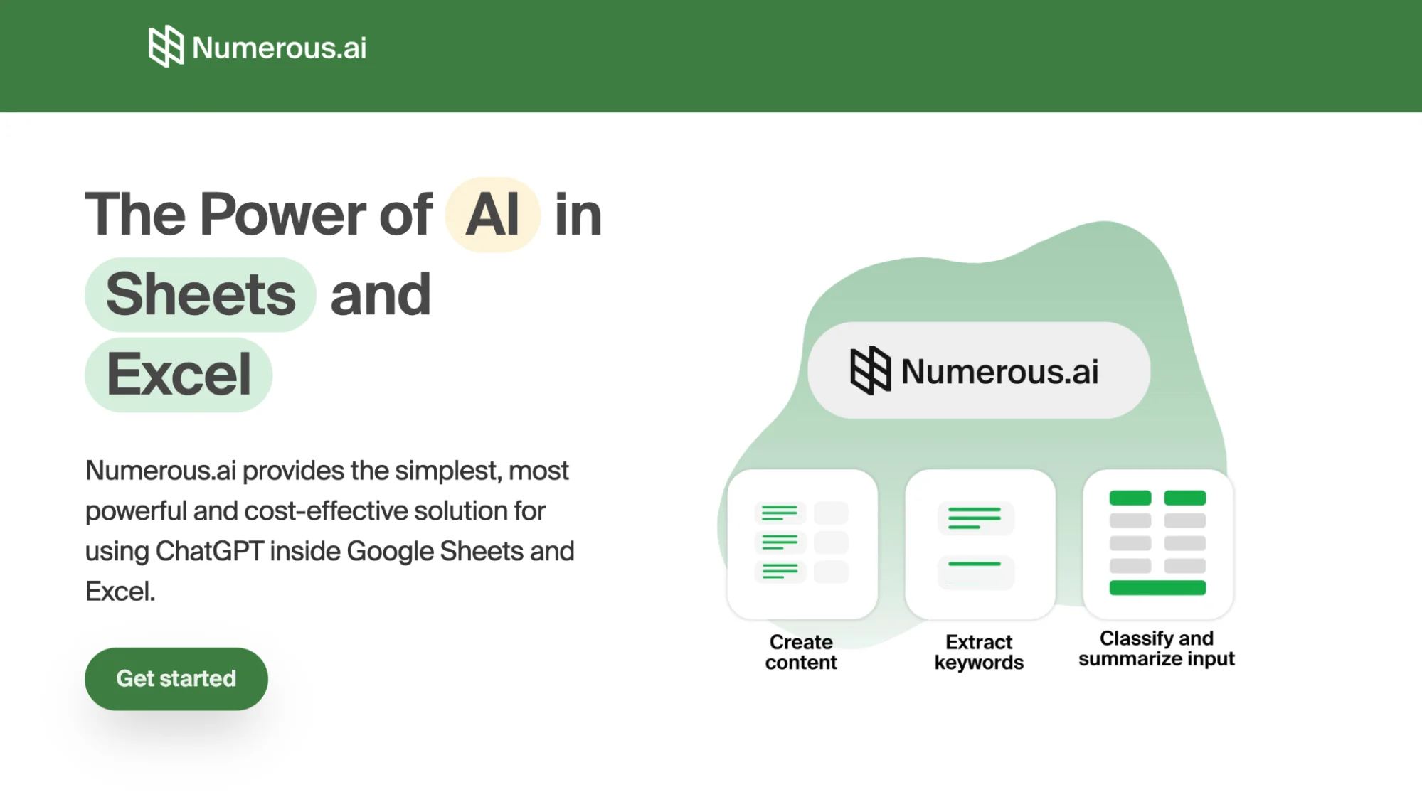 Numerous.ai homepage presenting AI functions for Google Sheets and Excel