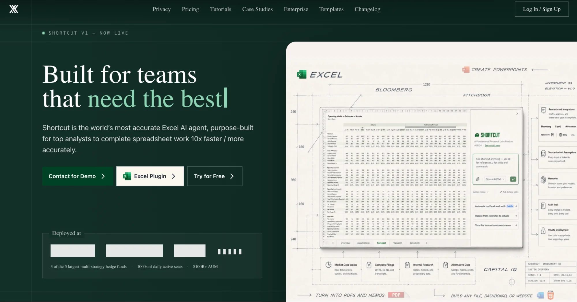 Shortcut AI homepage showing its Excel agent building a financial model