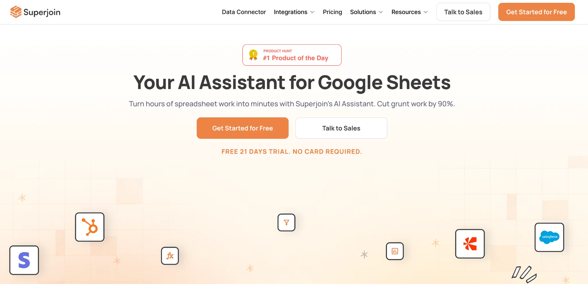 Superjoin homepage presenting its AI assistant and data connector for Google Sheets