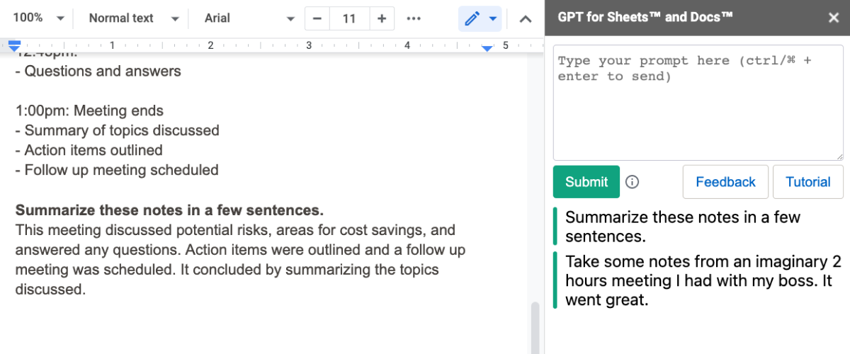 Summarize notes and meetings GPT extension for Google Docs and MS Word