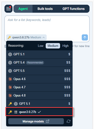 Select the endpoint-connected Agent model