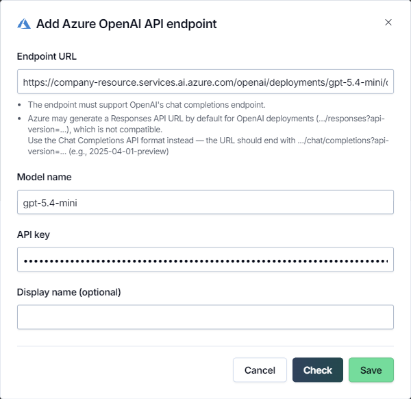 Define Azure OpenAI API endpoint settings