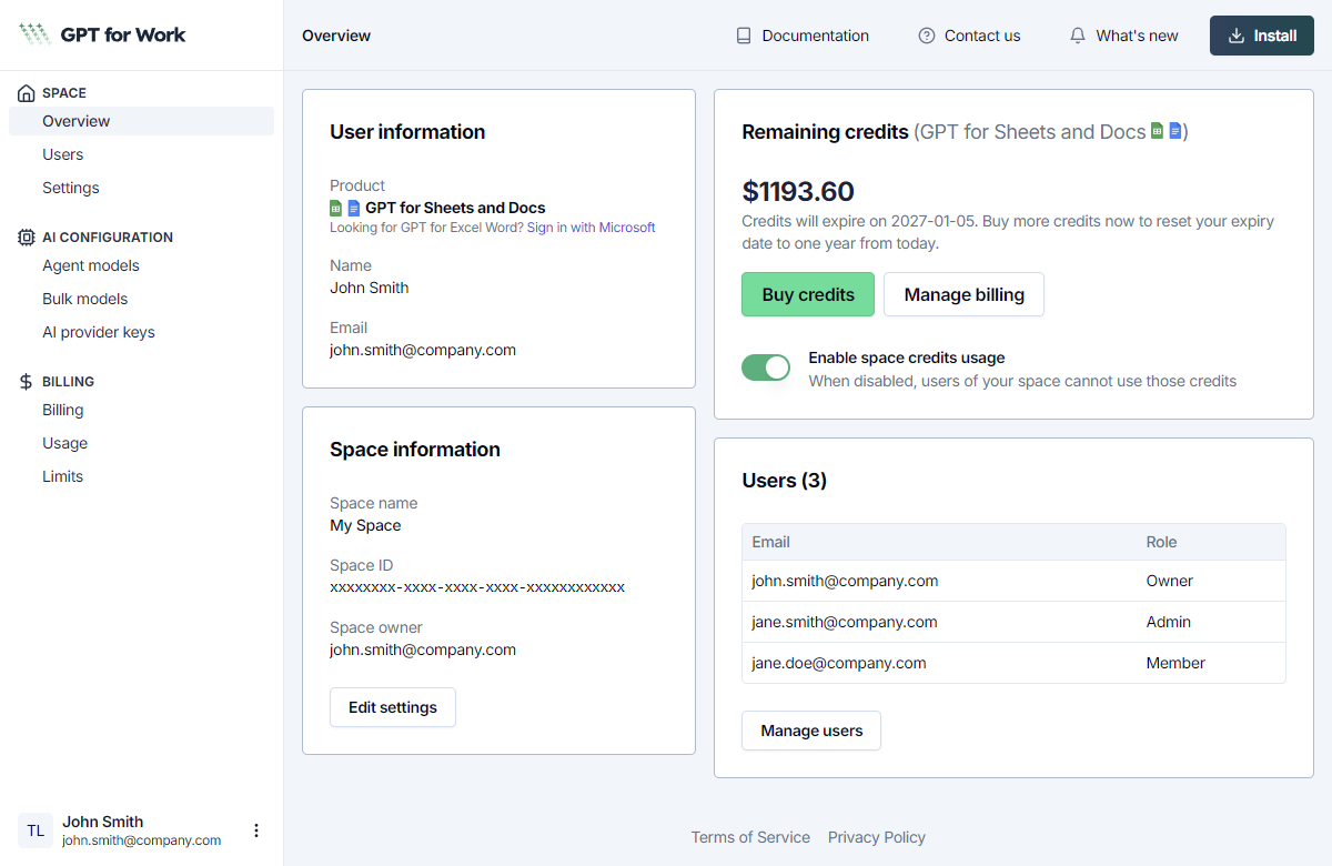 GPT for Sheets and Docs space in the GPT for Work dashboard