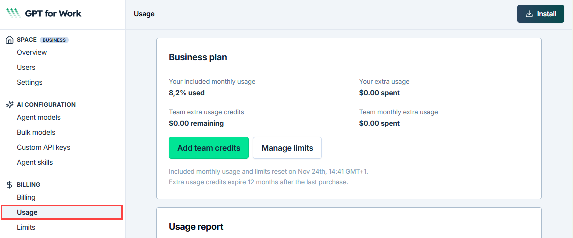 Usage page on the subscription pricing model
