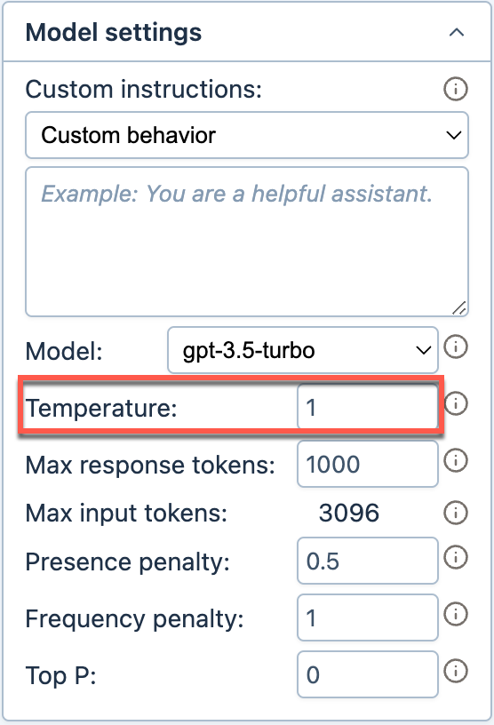 Model settings panel with Temperature field highlighted
