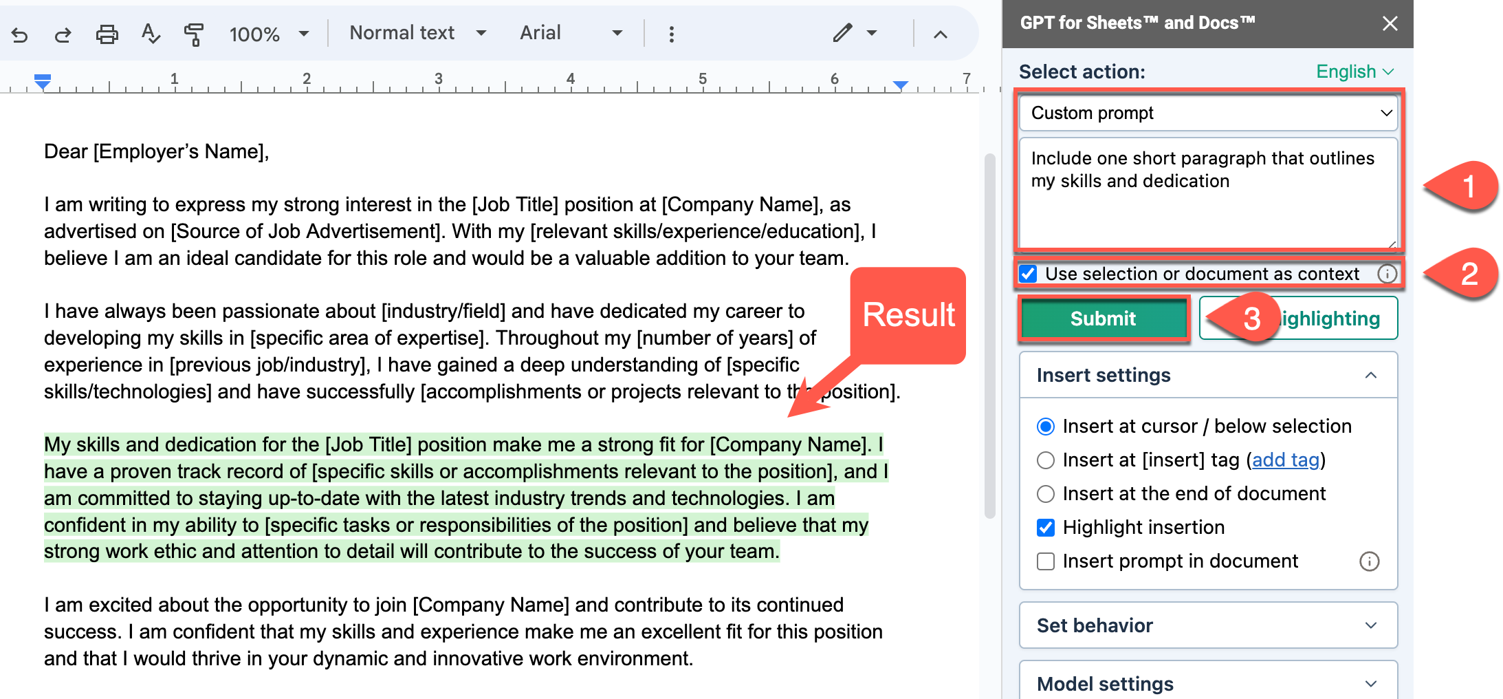 Select Custom promptand write your prompt in the field to edit the document content