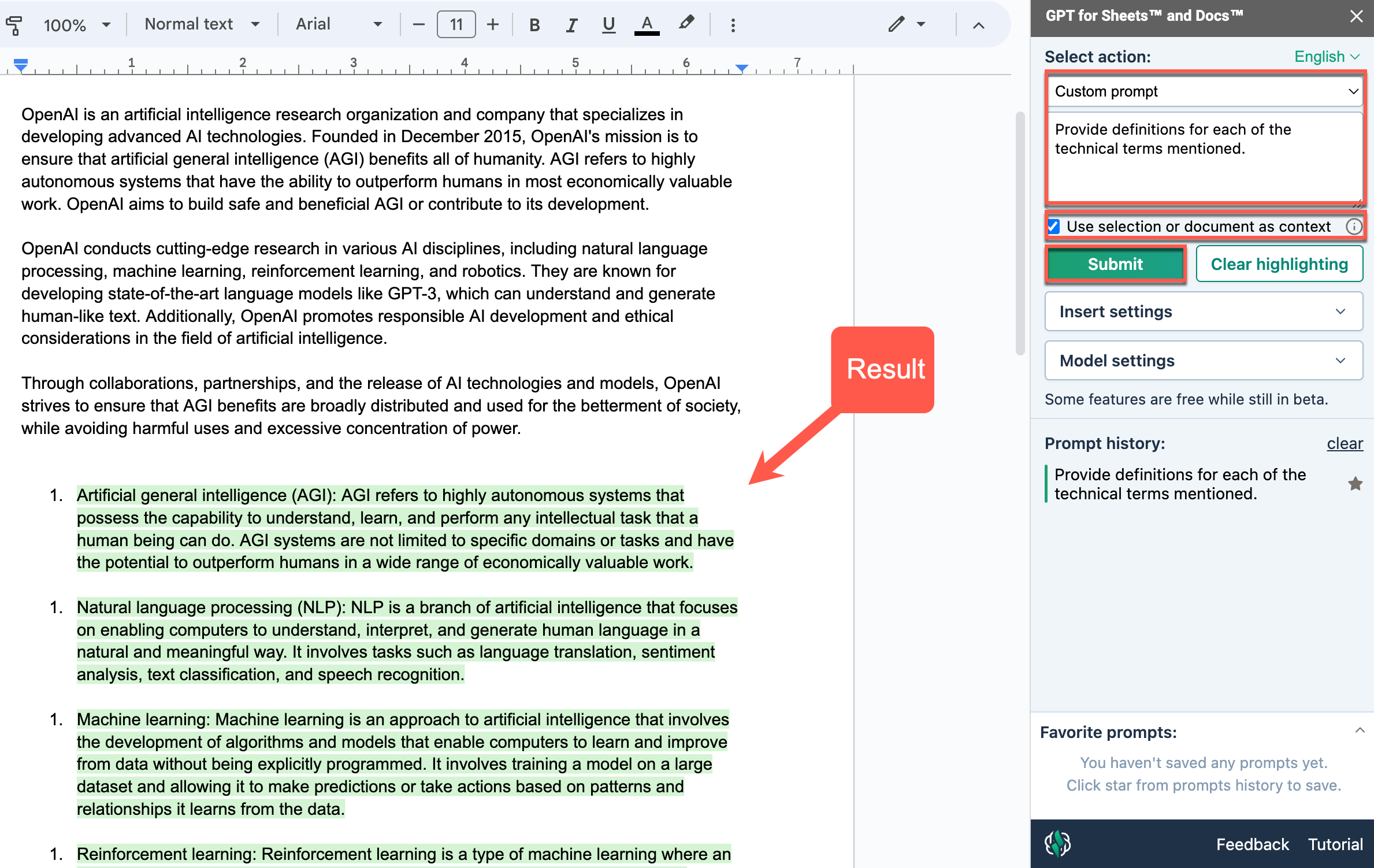 Select Custom prompt and write your prompt in the field to edit the document content