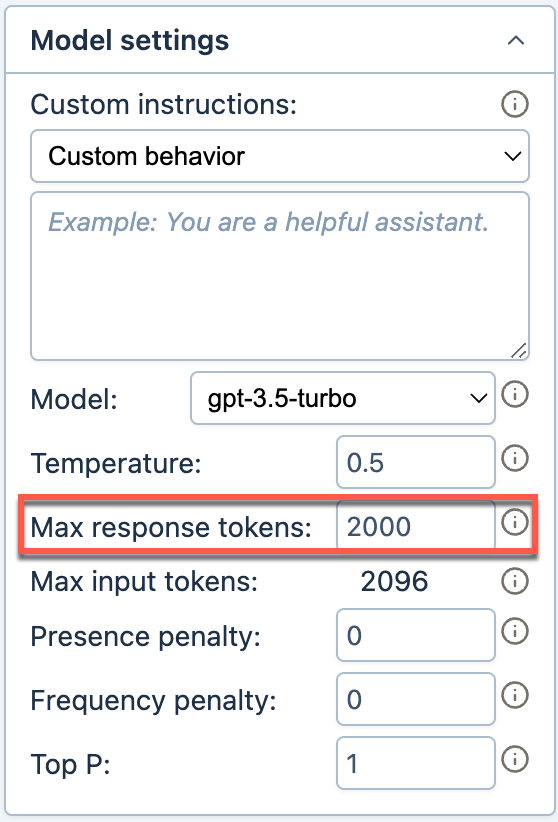 Model settings panel with Max response tokens field highlighted