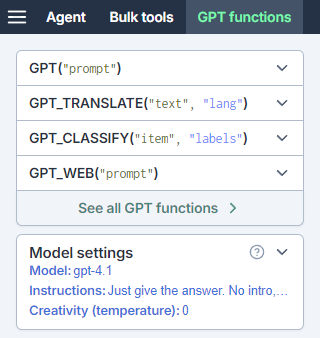 List of GPT functions in the GPT for Excel sidebar