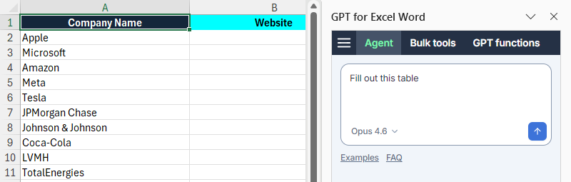 Sheet with example data and a prompt for the Agent