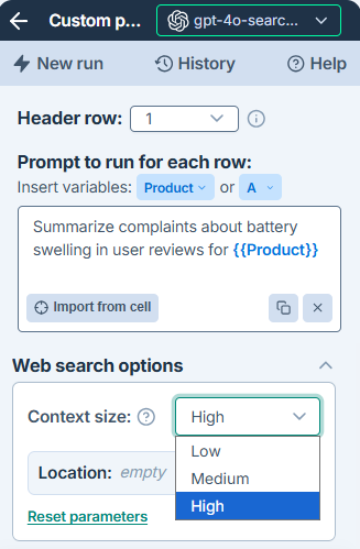 Configure OpenAI GPT-4o Search context size option