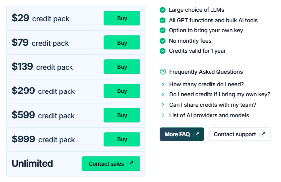 List of credit options to choose from