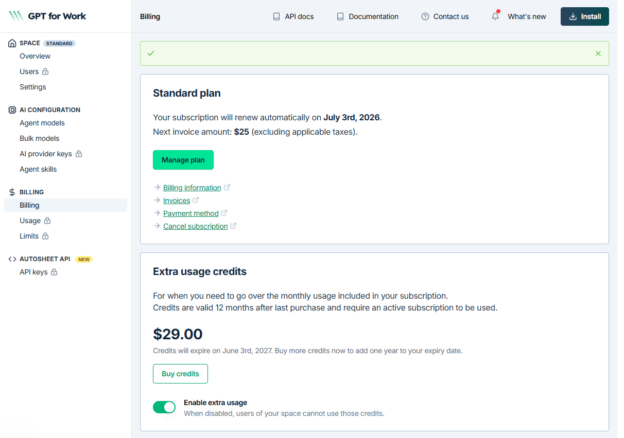 Dashboard after purchasing extra-usage credits
