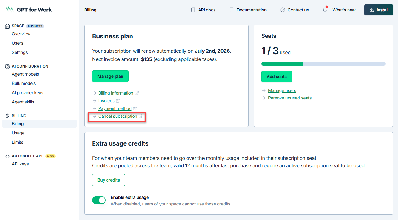 Cancel subscription option on the Billing page