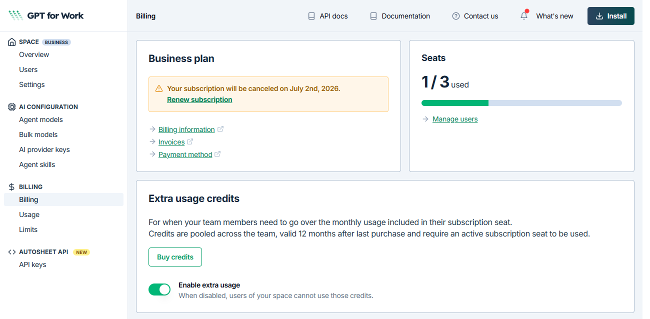 Dashboard showing the scheduled subscription cancellation