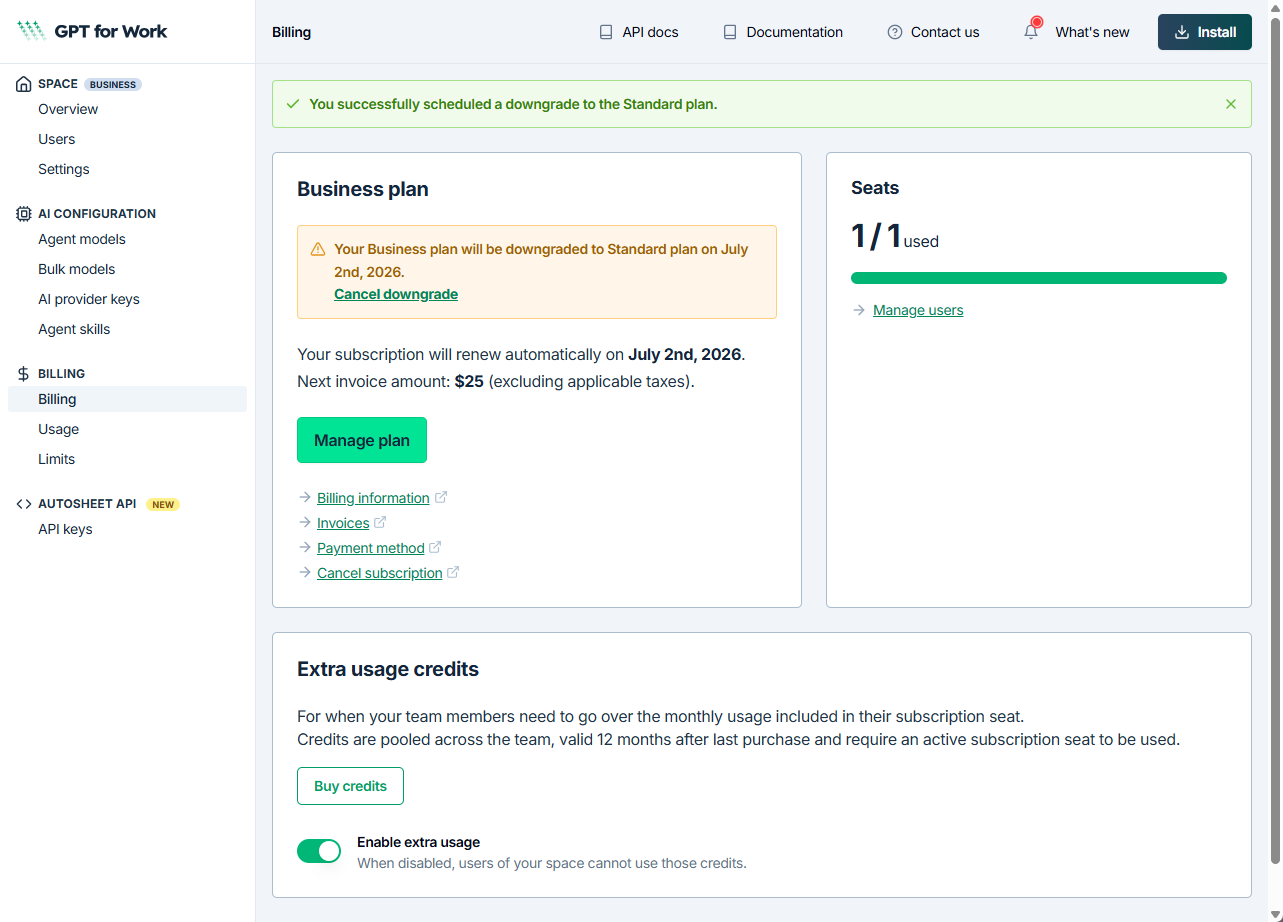 Dashboard showing the scheduled downgrade to Standard