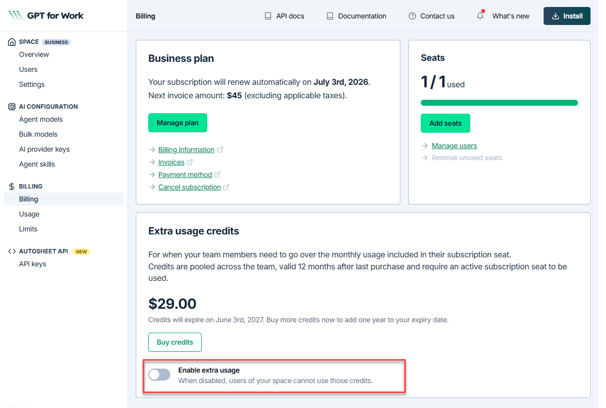 Extra usage credits toggle on the Billing page