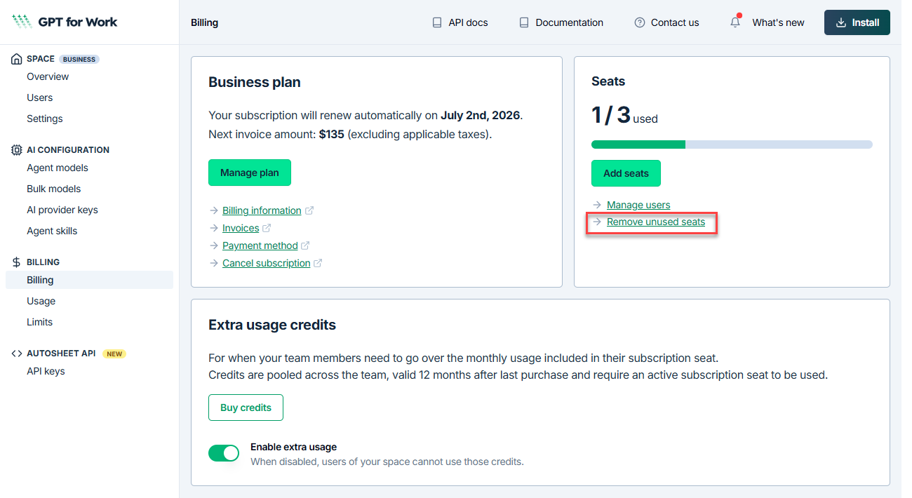 Remove unused seats option on the Billing page