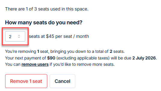 Seat selection screen showing current usage and next payment preview