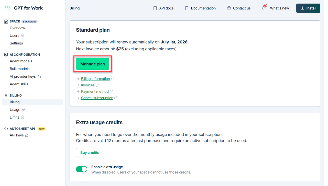 Billing page with the Manage plan button