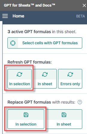 GPT formula control options in Excel