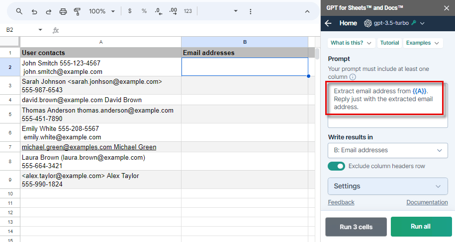 Custom prompt bulk tool in GPT for Sheets sidebar