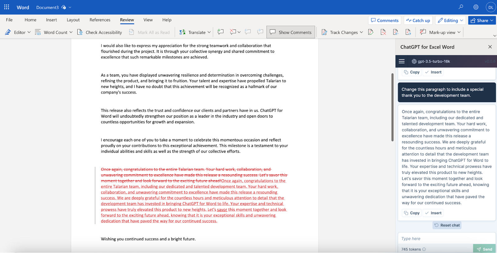 ChatGPT for Word interface