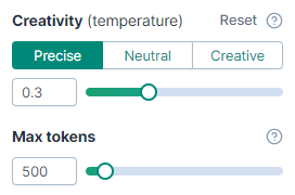 Creativity and Max tokens input fields