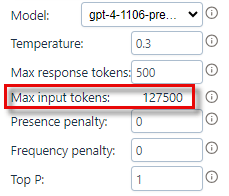 Max input tokens showing 128K for GPT-4 turbo