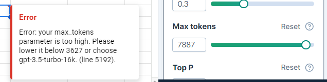 Max tokens error message with recommendation