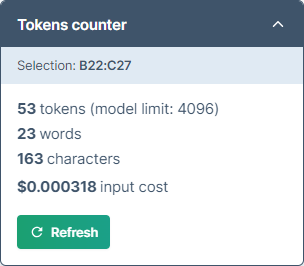 Token counter in GPT for Excel sidebar