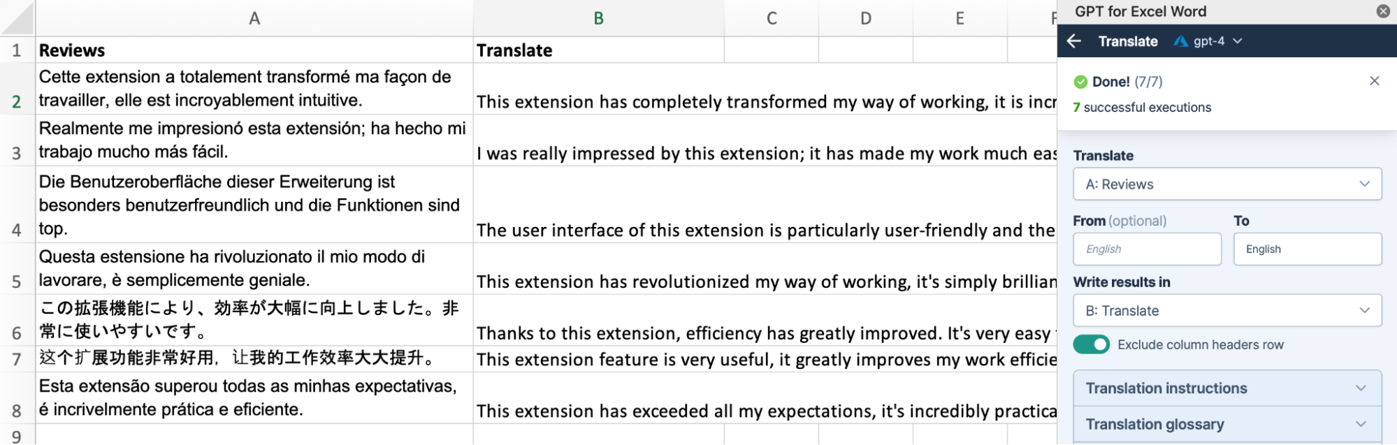 Translate bulk tool in GPT for Excel