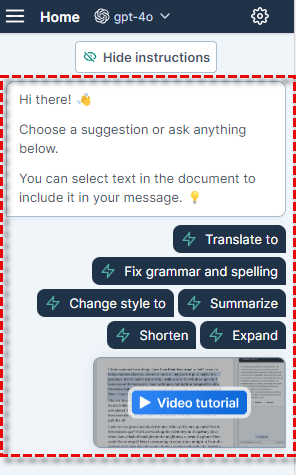 Hide instructions toggle in GPT for Word sidebar