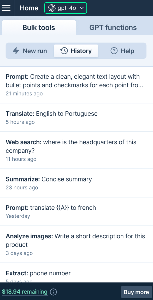 History feature showing past bulk tool configurations