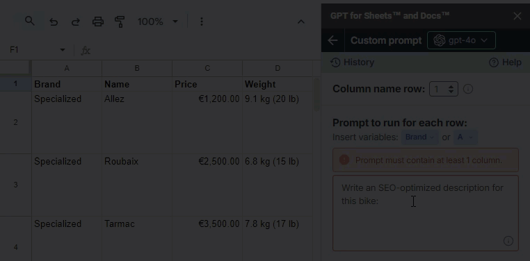 Column variable dropdown in Custom prompt bulk tool