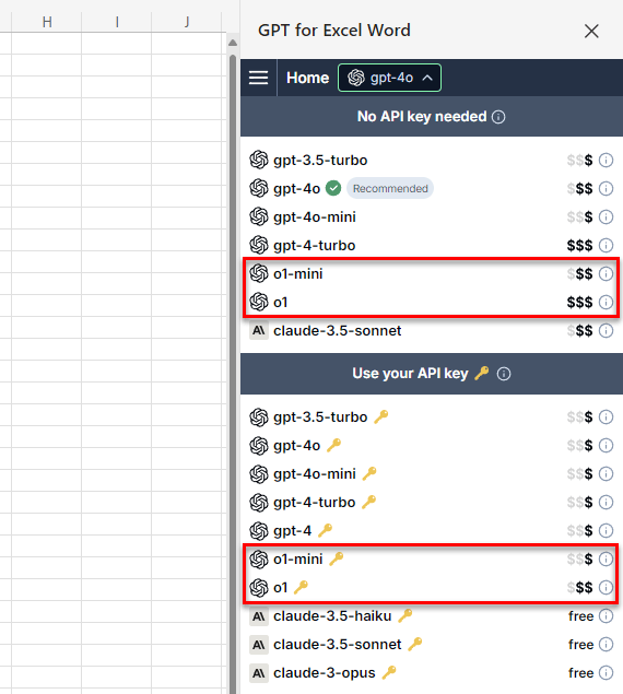 OpenAI o1 and o1-mini models in GPT for Excel model switcher