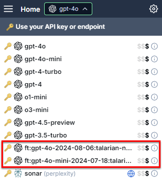 Model switcher showing fine-tuned GPT models with API key