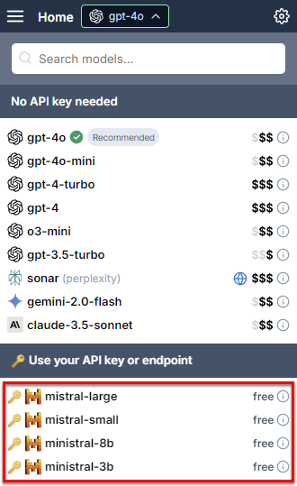 Model switcher showing Mistral models with API key