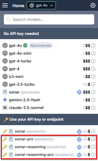 Model switcher showing Perplexity Sonar reasoning models with API key
