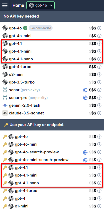 Model switcher showing GPT-4.1, GPT-4.1 mini and GPT-4.1 nano models highlighted