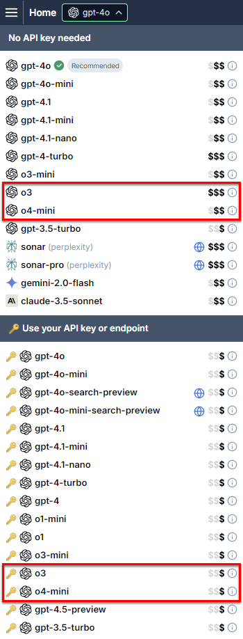 Model switcher showing OpenAI o3 and o4-mini models highlighted