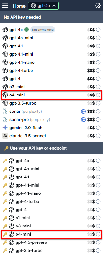Model switcher showing OpenAI o4-mini model highlighted
