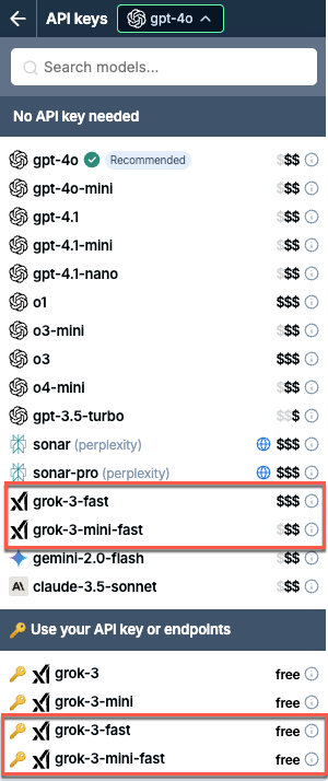 Model switcher showing Grok 3 Fast models highlighted