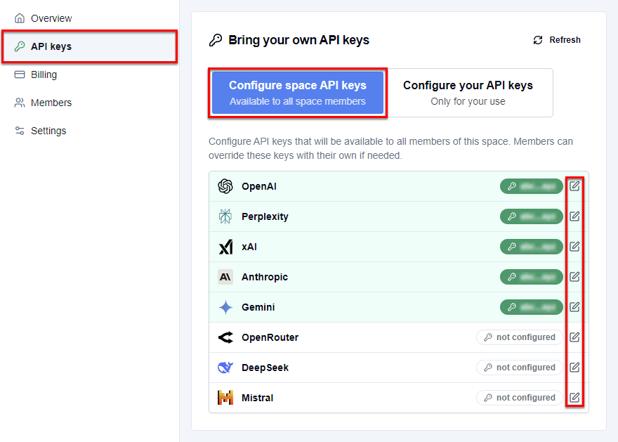 Admin dashboard showing space API keys configuration for multiple providers