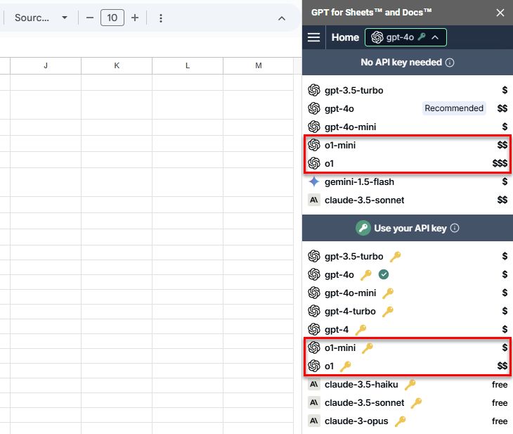 OpenAI o1 and o1-mini models in GPT for Sheets model switcher