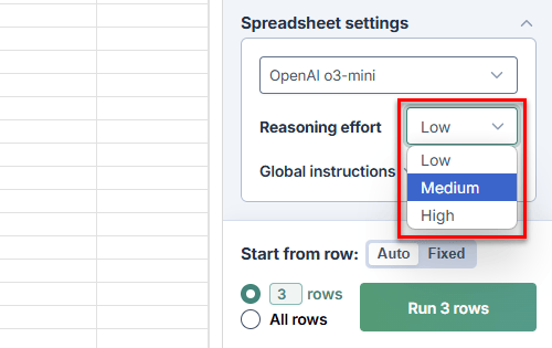 Reasoning effort options for o3-mini in spreadsheet settings