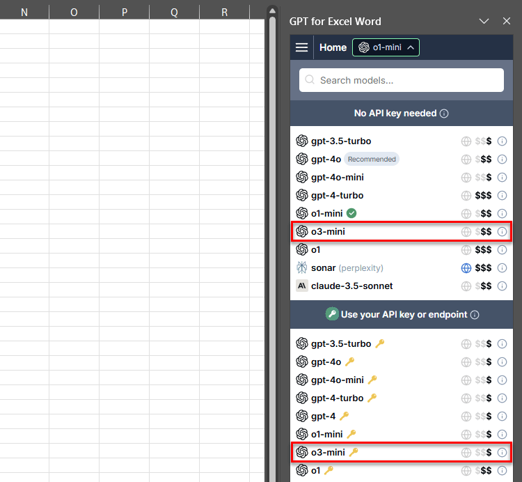 OpenAI o3-mini model in GPT for Excel model switcher