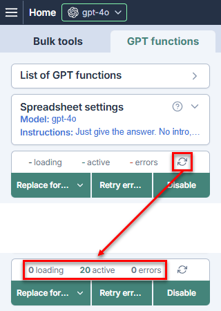 GPT functions tab with refresh icon to update formula count