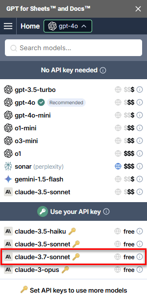 Model switcher showing Claude 3.7 Sonnet model with API key