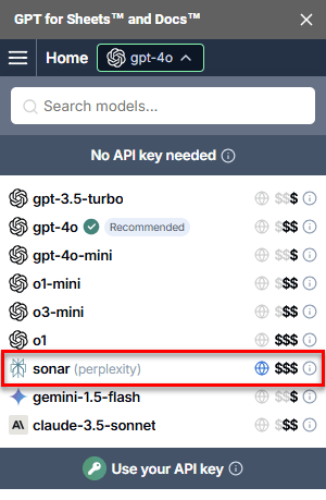 Model switcher showing Perplexity Sonar model in GPT for Sheets